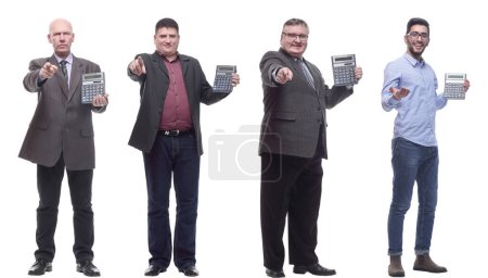 Foto de Collage grupo de financistas exitosos con calculadora aislada sobre fondo blanco - Imagen libre de derechos