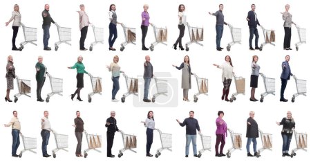 Photo for Group of people with shopping cart on white background - Royalty Free Image