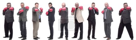 Téléchargez les photos : Collage d'hommes d'affaires en gants de boxe isolés sur fond blanc - en image libre de droit