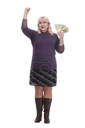 Photo for Full-length.casual mature woman with banknotes . isolated on a white background. - Royalty Free Image