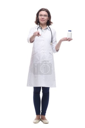 Photo for Mature female doctor with disinfectant in hand. isolated on a white background. - Royalty Free Image