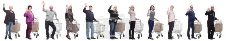 Photo for Group of people with trolley greet isolated on white background - Royalty Free Image