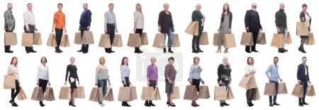 Foto de Collage concept shoppers queuing isolated on white background - Imagen libre de derechos
