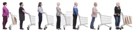 Photo for Group of people with cart looking ahead isolated on white background - Royalty Free Image