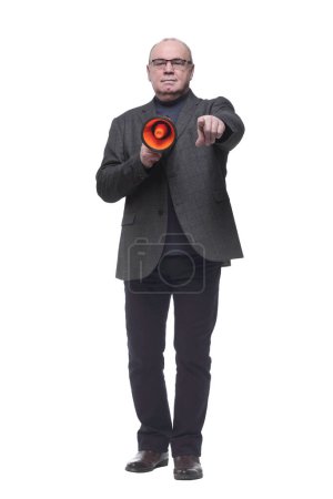 Photo for In full growth. a business man with a red megaphone. isolated on a white background - Royalty Free Image