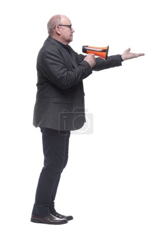 side view. a business man with a megaphone pointing ahead. isolated on a white background