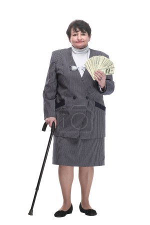 Foto de Anciana sonriente con un fan de los billetes. aislado sobre un fondo blanco. - Imagen libre de derechos