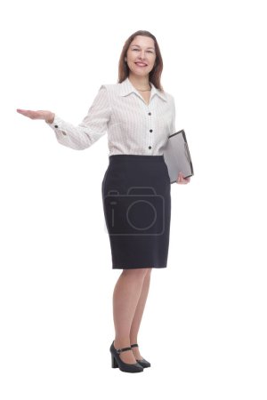 Photo for In full growth. Executive business woman with clipboard. isolated on a white background. - Royalty Free Image