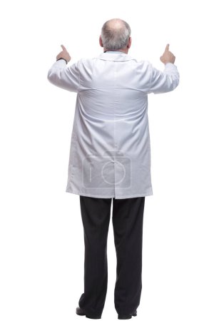 Foto de Vista trasera. médico leyendo un anuncio en una pantalla blanca. aislado sobre un fondo blanco - Imagen libre de derechos