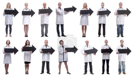 group of successful business people with black arrow isolated on white background