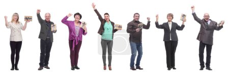 Photo for Group of happy people with gifts in their hands isolated on white background - Royalty Free Image