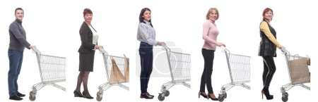 Photo for Group of people with cart looking at camera isolated on white background - Royalty Free Image