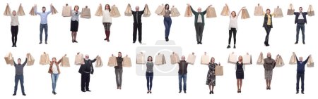 Foto de Collage de compradores sosteniendo bolsas de compras alto - Imagen libre de derechos