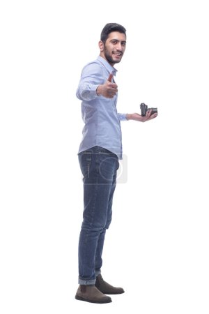 Foto de Vista lateral. fotógrafo masculino con cámara. aislado sobre un fondo blanco. - Imagen libre de derechos