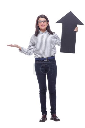 Foto de Hermosa mujer de negocios sosteniendo un letrero de flecha de dirección negra, sobre un fondo blanco. Concepto de la elección - Imagen libre de derechos