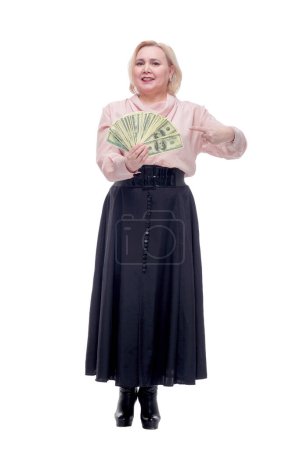 Foto de Joven mujer ciega feliz con dólares en la mano. Aislado sobre fondo blanco. - Imagen libre de derechos