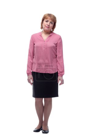 Portrait of sad and depressed looking mature woman in pink blouse on white background
