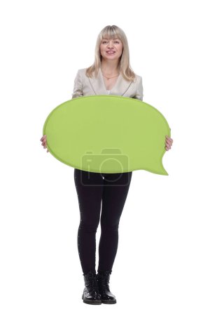 Photo for In full growth.female customer with a speech bubble . isolated on a white background. - Royalty Free Image