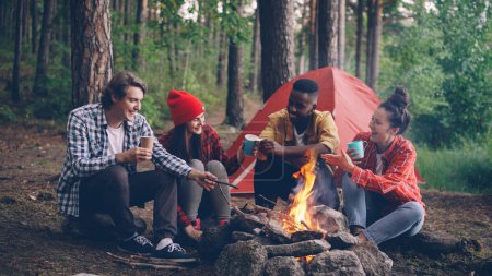 Téléchargez les photos : Groupe multiracial d'amis caucasiens et afro-américains sont assis dans le bois autour du feu avec des lunettes, parler et sourire, flamme vive se déplace. - en image libre de droit