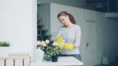 Photo for Cheerful young maid is dusting the furniture holding wet cloth and cleaning vase and table in modern light apartment. Housework, young people and interiors concept. - Royalty Free Image