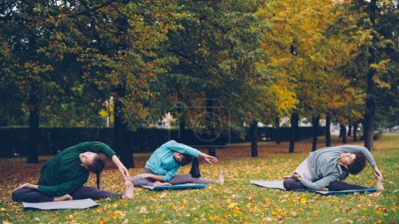 Photo for Good-looking sportswomen are doing stretching exercises sitting on yoga mats in city park at autumn weekend. Leisure activity, common hobby and youth concept. - Royalty Free Image