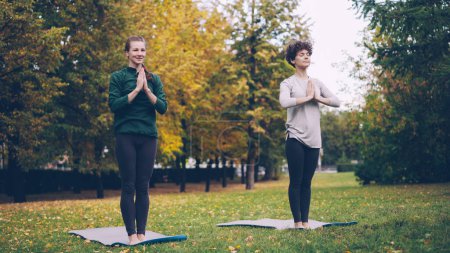 Téléchargez les photos : Deux belles jeunes femmes font du yoga dans le parc sur des nattes pratiquant l'asana et respirant de l'air frais. Pratique individuelle, professeur professionnel et concept de nature
. - en image libre de droit