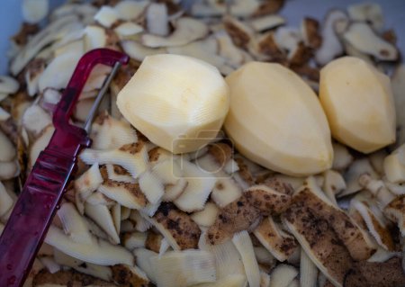 Foto de Las patatas frescas pelan y las patatas, un cuchillo pequeño vegetal. Pelado y listo para cocinar patatas. Residuos biodegradables domésticos. Vista desde arriba - Imagen libre de derechos