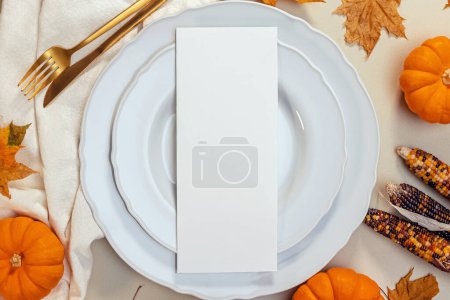 Photo for Thanksgiving Dinner menu mock-up, fall table setting top view, place for text - Royalty Free Image