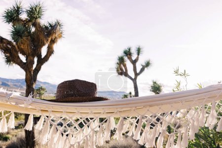 Sombrero acostado en la hamaca con árboles Joshua en el fondo, estilo de vida boho