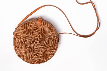 Photo for Stylish round straw bag isolated on the white background, top view - Royalty Free Image