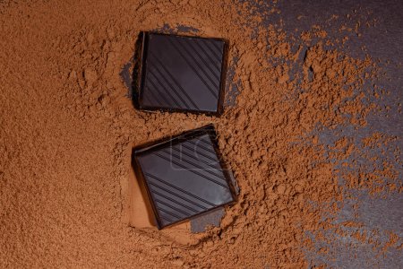 Dos trozos de chocolate en la parte superior de cacao en polvo