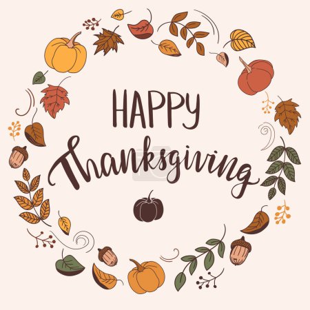 Illustration for Happy Thanksgiving, holiday circle frame made of doodle style leaves and other autumn elements. - Royalty Free Image