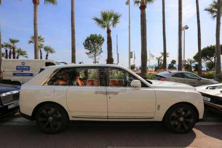 Photo for Cannes, France - 22 July, 2019: Luxury white car Rolls Royce Cullinan - Royalty Free Image