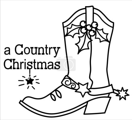 Illustration for Cowboy Christmas with cowboy boots and holiday Merry Christmas text. Vector Christmas hand drawn graphic illustration with holiday decortion isolated on white for desgn. - Royalty Free Image