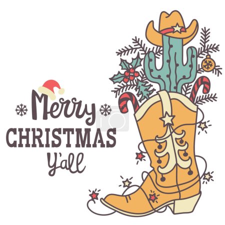 Illustration for Cowboy Christmas with holiday Merry Christmas text. Vector Western and cactus Christmas decortion isolated on white for desgn. - Royalty Free Image