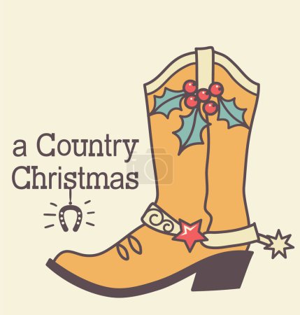Illustration for Cowboy Country Christmas with cowboy boots and holiday Merry Christmas text. Vector Christmas hand drawn color illustration with holiday decortion.Cowboy Country Christmas with cowboy boots and holiday Merry Christmas text. Vector Christmas hand draw - Royalty Free Image