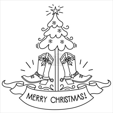 Illustration for Cowboy Christmas. Vector hand drawn illustration with Cowboy boots and Christmas tree decoration and holiday text on scroll paper isolated on white. - Royalty Free Image