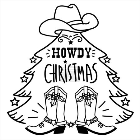 Illustration for Cowboy Christmas vector line style illustration isolated on white for print. Howdy Countryside new year hand drawn card with cowboy boots and western hat. - Royalty Free Image
