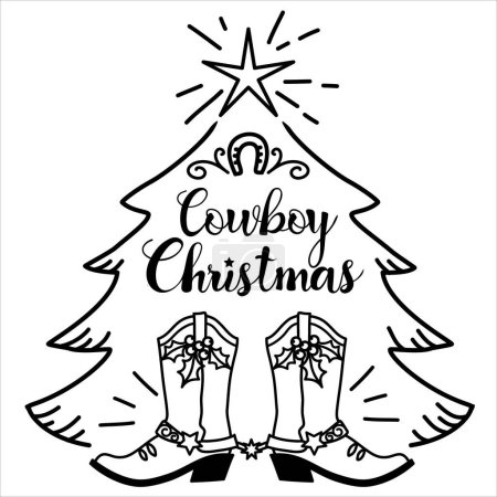 Illustration for Cowboy Christmas vector line style illustration with cowboy boots isolated on white for print. Countryside new year hand drawn card. - Royalty Free Image