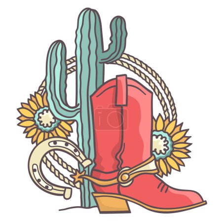 Cowboy boots and green cactus. Countryside vector color illustration with horseshoe and lasso isolated on white background. Country cowboy symbol with yellow sunflowers decoration for print