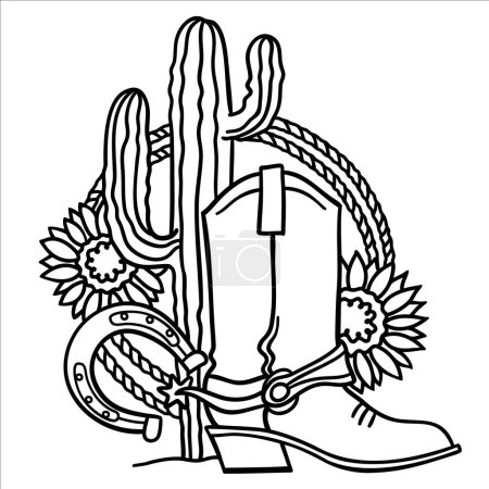 Botas de vaquero y cactus. Vector de campo ilustración dibujada a mano con herradura y lazo aislados sobre fondo blanco. País símbolo vaquero con decoración de girasoles.