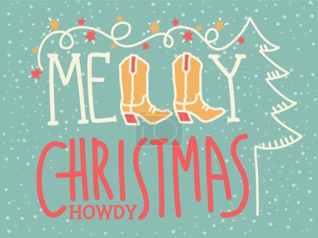 Illustration for Cowboy christmas card. Vector merry christmas card illustration with cowboy boots and garland with holiday text on snow background. - Royalty Free Image