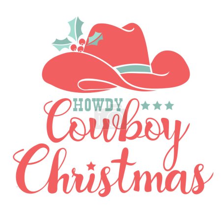 Illustration for Cowboy Christmas symbol with cowboy hat and holiday text holly berry decoration. Howdy Countryside new year red green card with western hat isolated on white - Royalty Free Image