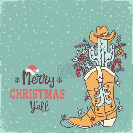 Illustration for Cowboy Christmas vintage card with holiday Merry Christmas text. Vector Cowboy Christmas background on old paper texture. - Royalty Free Image