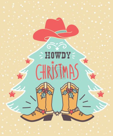 Téléchargez les illustrations : Carte vectorielle de Noël Cowboy. Howdy campagne fond de nouvelle année avec des bottes de cow-boy et chapeau occidental et arbre de Noël strars décor. - en licence libre de droit