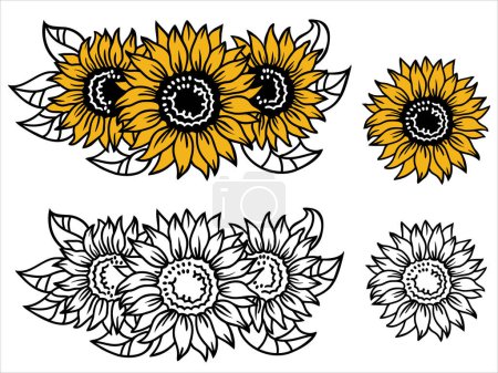 Illustration for Vector set of sunflowers decor. Sunflowers outline style hand drawn graphic illustration isolated on white background for print or design. - Royalty Free Image