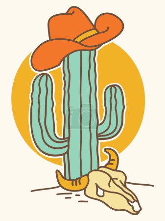 Téléchargez les illustrations : Chapeau de cow-boy sur cactus. Vecteur dessiné à la main sauvage ouest couleurs illustration avec chapeau de cow-boy et crâne de vache sur le coucher de soleil désert américain pour imprimer. - en licence libre de droit