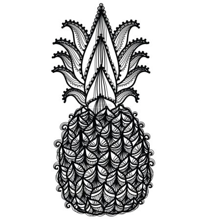 Téléchargez les illustrations : Pineapple vector illustration. Vector hand drawn abstract pineapple ananas isolated on white. Fresh tropical food black and white illustration. - en licence libre de droit
