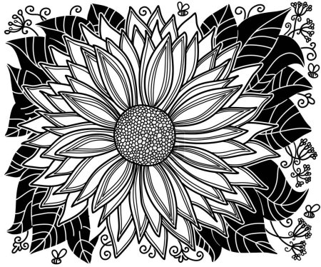 Téléchargez les illustrations : Flower with bees illustration. Vector hand drawn abstract flower and leaves isolated on white background for coloring books, print or tattoos. - en licence libre de droit