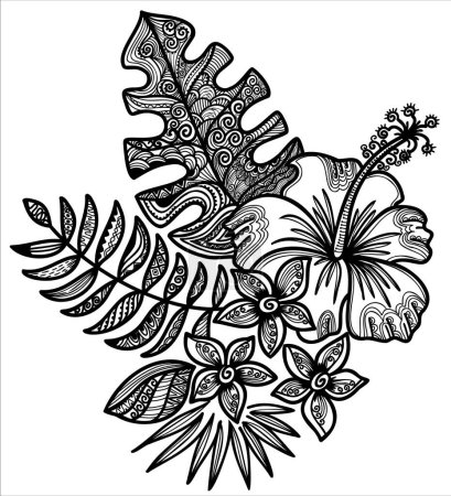 Téléchargez les illustrations : Tropical plants isolated on white. Vector hand drawn illustration hibiscus flower and leaves outline art line style with abstract decoration. - en licence libre de droit